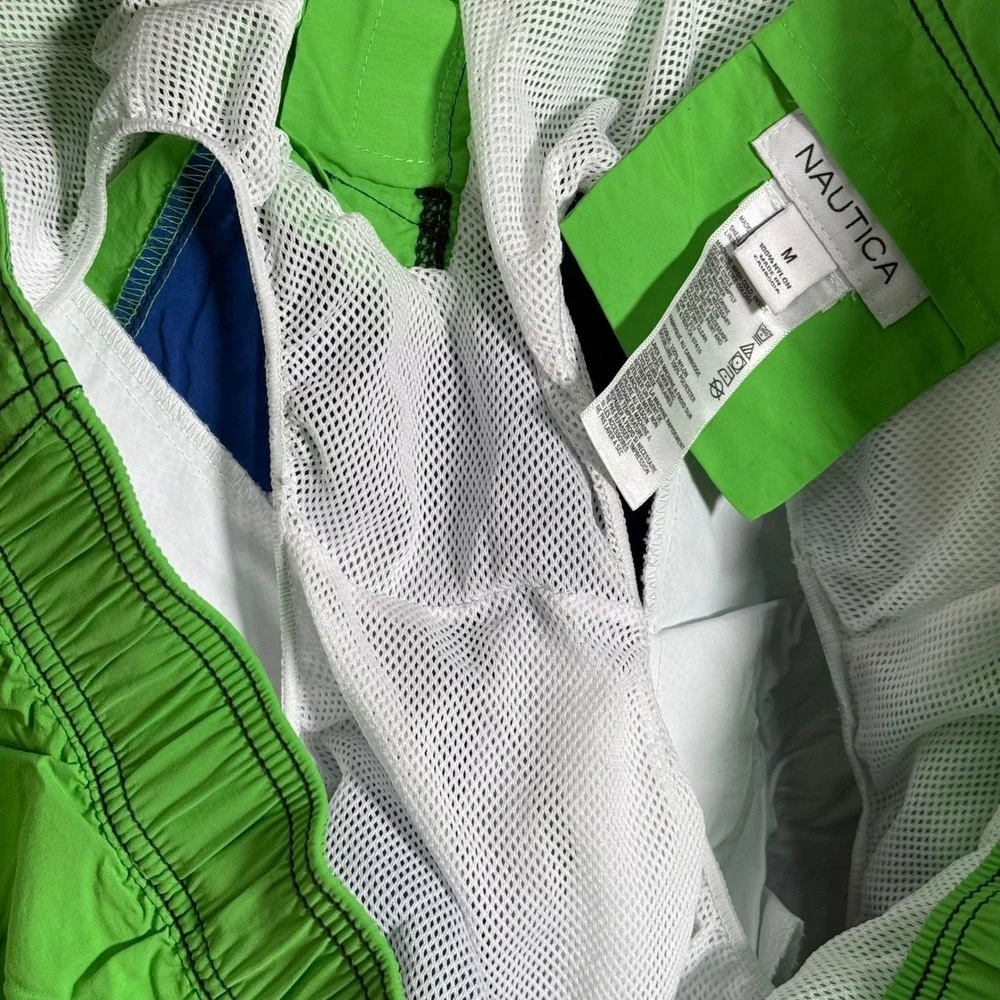 Nautica Mens Colorblock Swim Trunks‎ Green Blue White Logo Mesh Lined Medium